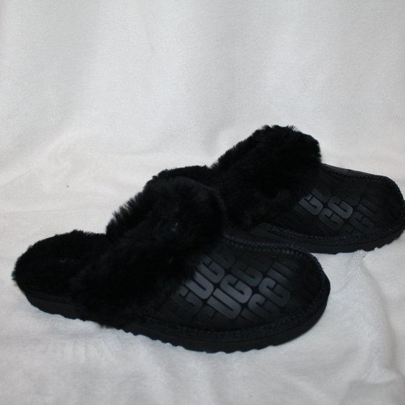 NIB‎ UGG LOGO WOMEN'S SUEDE SHEARLING COZY SLIDE SLIPPERS BLACK - Picture 10 of 11